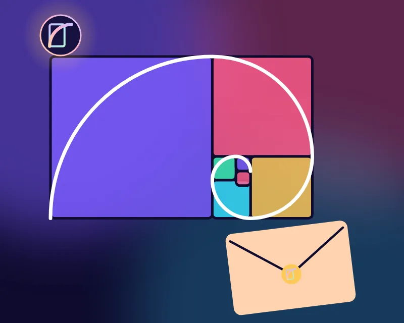 Un rectángulo áureo de colores con su espiral dorada, el logo de Aurea y un sobre de carta.