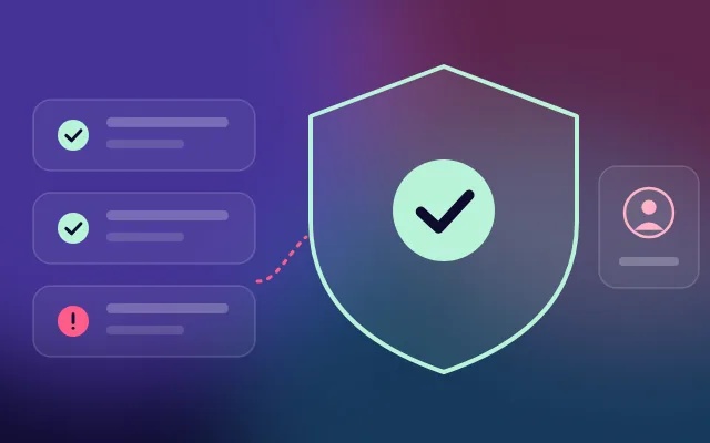 Un escudo con una marca de verificación; las reglas cumplidas se marcan y una excepción se señala para revisión humana.